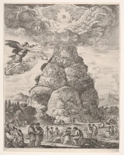 Rock of the Philosphers, or Mount Parnassus, many ancient philosophers gathered in groups at the base of the mountain in the foreground, Diogenes in his barrel to right and Archimedes in center studying an armillary sphere in the middleground, an ang