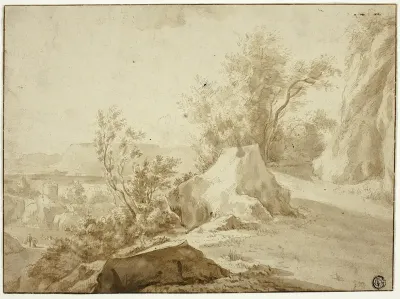 Rocks and Mountain Path, Figures and Town Below