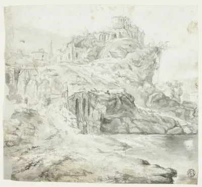 Rocky Promontory with Ruins and Cascades (recto); Sketch of Cliff with Buildings (verso)