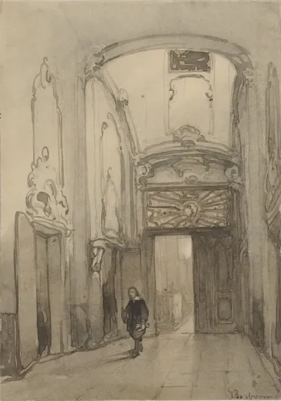 Rococo portaal in het stadhuis in Den Haag met een man in zeventiende-eeuws kostuum