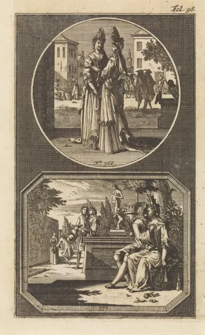 Roddelende vrouwen / vrijend paartje