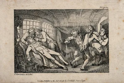 Roderick Random's fellow surgeon's mate approaching their new captain for the post of surgeon while docked in Jamaica; the foppish Captain Whiffle has fainted due to Morgan's appearance and odour, his entourage try to revive him with smelling salts a