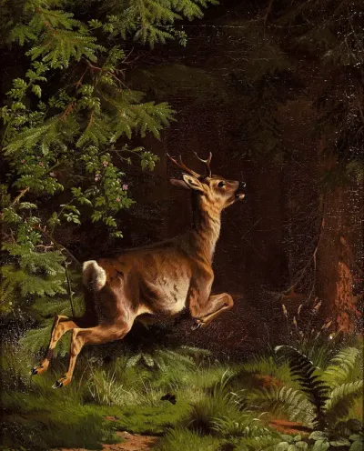 Roebuck jumping in a wood.
