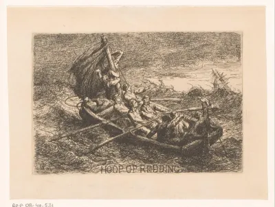 Roeiboot in nood op zee ziet een schip in de verte