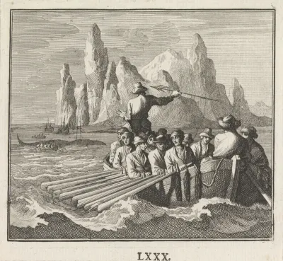 Roeiboot met bemanning en een harpoenier voor een walvis