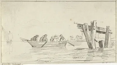Roeiboot met figuren op een rivier