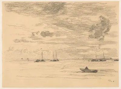 Roeiboot met op de achtergrond schepen voor anker