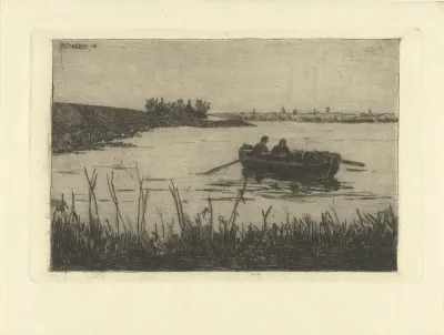 Roeiboot met twee figuren op de Zaan