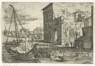 Roeiboot voor anker aan de kade van de haven van Messina
