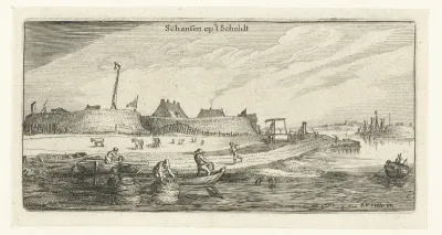 Roeiboten met vissers voor een fort aan de Schelde
