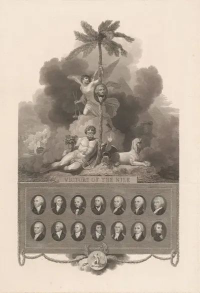 Roem (Fama) met een portret van Horatio Nelson en veertien portretten van officieren bij de Slag aan de Nijl