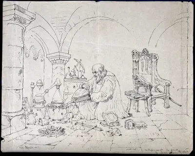 Roger Bacon conducting an alchemical experiment in a vaulted cloister