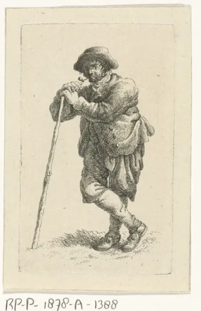Rokende man, leunend op een wandelstok