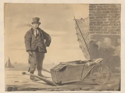 Rokende visser met kruiwagen