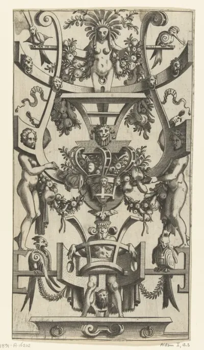 Rolwerk met een vruchtenkorf in het midden