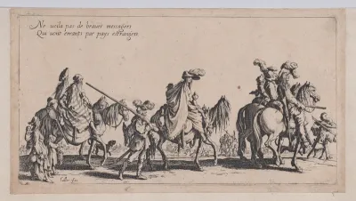 Roma men, women, and children on horseback and on foot [historically known as Les Bohémiens en Marche, pièce aussi appelée L'Avant-Garde (The Gypsies Travelling, piece also called The Advance Gard), from "Le Bohémiens, série appelée aussi Les Égyptie