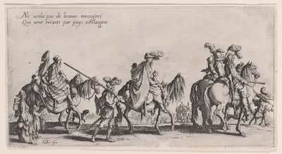 Roma men, women, and children on horseback and on foot [historically known as Les Bohémiens en Marche, pièce aussi appelée L'Avant-Garde (The Gypsies Travelling, piece also called The Advance Gard), from "Le Bohémiens, série appelée aussi Les Égyptie