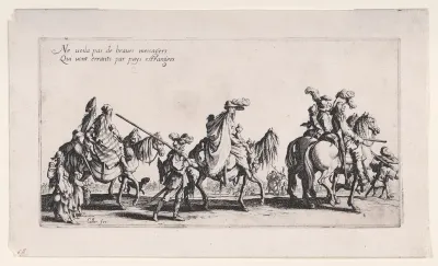 Roma men, women, and children on horseback and on foot [historically known as Les Bohémiens en Marche, pièce aussi appelée L'Avant-Garde (The Gypsies Travelling, piece also called The Advance Guard), from Le Bohémiens, série appelée aussi Les Égyptie
