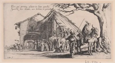Roma travellers outside an inn; a scene of fortune-telling in the mid-ground [historically known as La Halte des Bohémiens: Les Diseuses de Bonne Aventure (The Gypsy Stopover: The Fortune Tellers), from "Le Bohémiens, série appelée aussi Les Égyptien