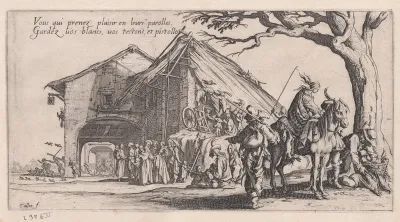 Roma travellers outside an inn; a scene of fortune-telling in the mid-ground [historically known as La Halte des Bohèmiens: Les Diseuses de Bonne Aventure (The Gypsy Stopover: The Fortune Tellers), from "Le Bohémiens, série appelée aussi Les Égyptien
