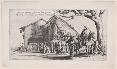Roma travellers outside an inn; a scene of fortune-telling in the mid-ground [historically known as La Halte des Bohémiens: Les Diseuses de Bonne Aventure (The Gypsy Stopover: The Fortune Tellers), from Le Bohémiens, série appelée aussi Les Égyptiens