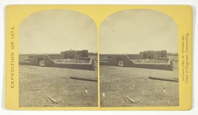 Roman Catholic Church, Plaza of Guadaloupe, Guadaloupe Co., Colorado. Built not many years since of adobes. Dimensions, length 120 feet; width 60 feet; height 25 feet. Grave yard in the foreground surrounded by an abode wall about 6 feet in height, N