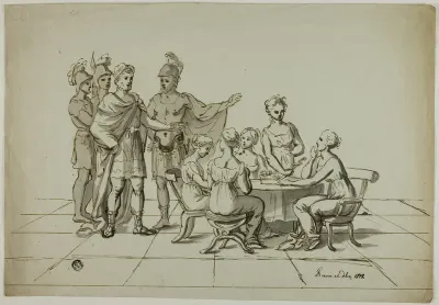 Roman Emperor Approaching Group of Women Seated at Table