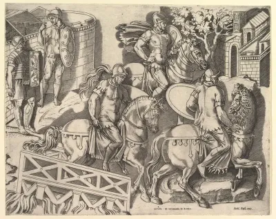Roman Horsemen Crossing a Bridge (from Trajan's Column), from "Speculum Romanae Magnificentiae"