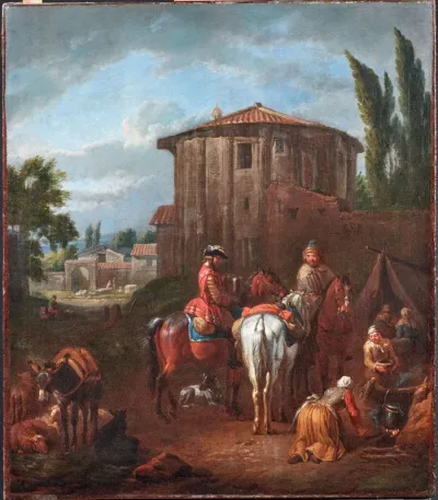 Roman landscape with figures and animals in front of the Temple Vesta