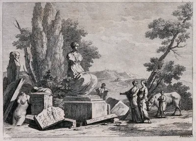 Roman ruins in a landscape being admired by two young women and a man holding a book