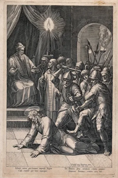 Roman soldiers beat Christ before the high priest