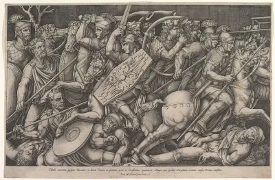 Roman soldiers fighting against Dacians, battle scene in shallow depth with horses and horn-players (after a bas-relief on the Arch of Constantine, Rome)