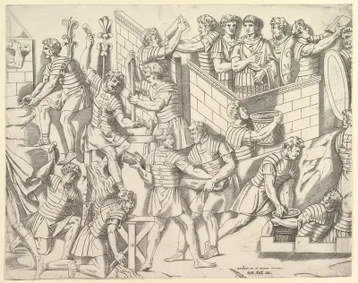 Roman Soldiers Fortifying their Camp, from Trajan's Column, from "Speculum Romanae Magnificentiae"