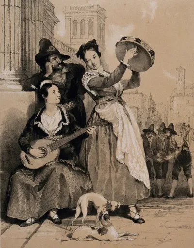 Rome: a man leans on a stone pillar watching and listening as one girl plays the tambourine and another plays the guitar