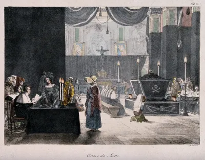 Rome: people praying at a catafalque in a church for the souls in purgatory