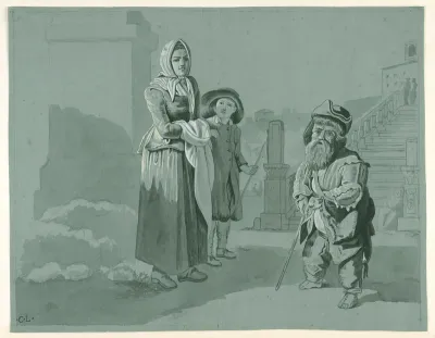 Rome, the Spanish Steps: a woman and a boy looking at a male dwarf standing at the foot of the steps
