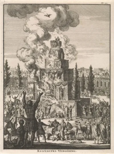 Romeinen rondom een reusachtige brandstapel waar een adelaar vanuit de vlammen opstijgt