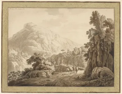 Romeins landschap met bergweg waarop twee mannen met een muilezel