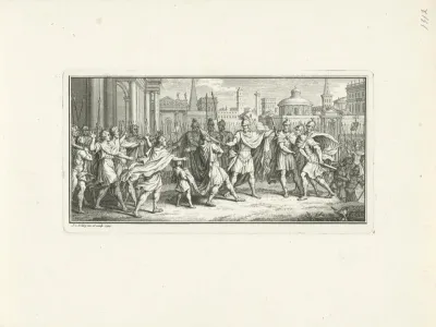 Romeinse aanvoerder bedreigt een man met  Joodse punthoed