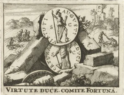 Romeinse munten steunend op een hoop stenen