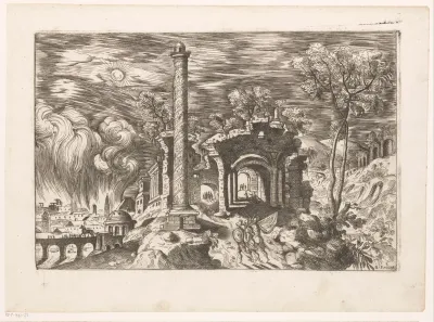 Romeinse ruïne en zuil voor het brandende Troje