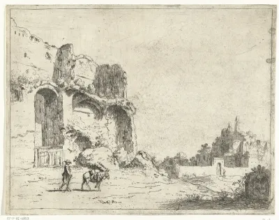 Romeinse ruïnes met man en ezel