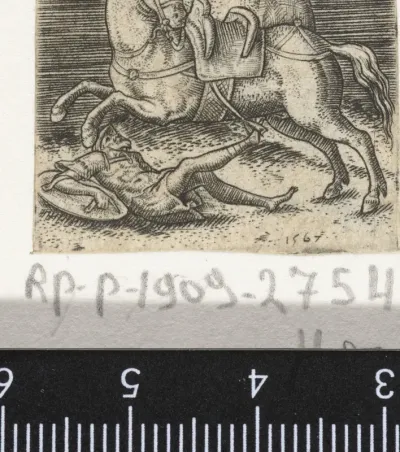 Romeinse ruiter van zijn paard getild