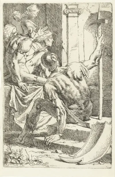 Romeinse soldaat met hellebaard, zittend