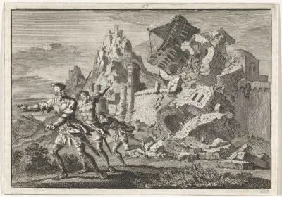 Romeinse soldaten hebben een toren op de muur van Gamala door ondergraving doen instorten