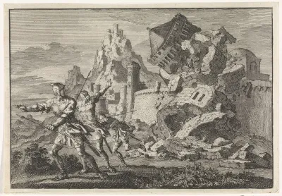 Romeinse soldaten hebben een toren op de muur van Gamala door ondergraving doen instorten