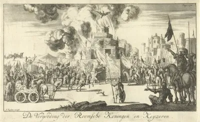 Romeinse soldaten rondom een brandstapel waar een adelaar vanuit de vlammen opstijgt