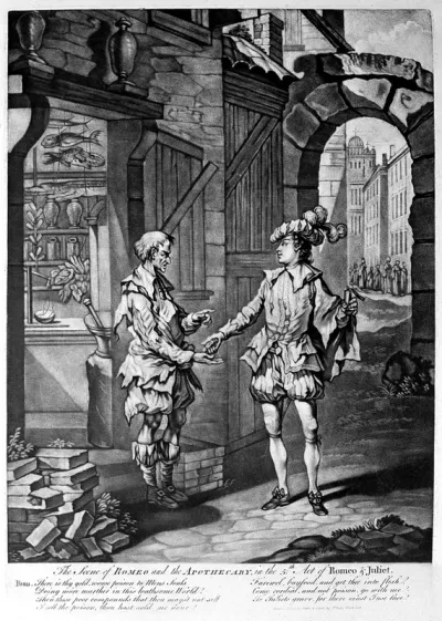 Romeo giving money to an apothecary for a poison that will enable him to kill himself