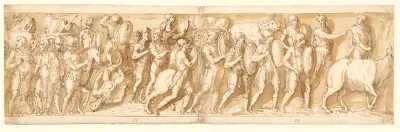 Romere på march; Marcus Aurelius, Pompejus og en oppasser overværer marchen; ophold på marchen