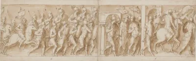 Romerne drager over en bro til krigen mod sarmaterne, på broen står Pompejus og Marcus Aurelius; slag mellem romere og sarmatere (fragment)